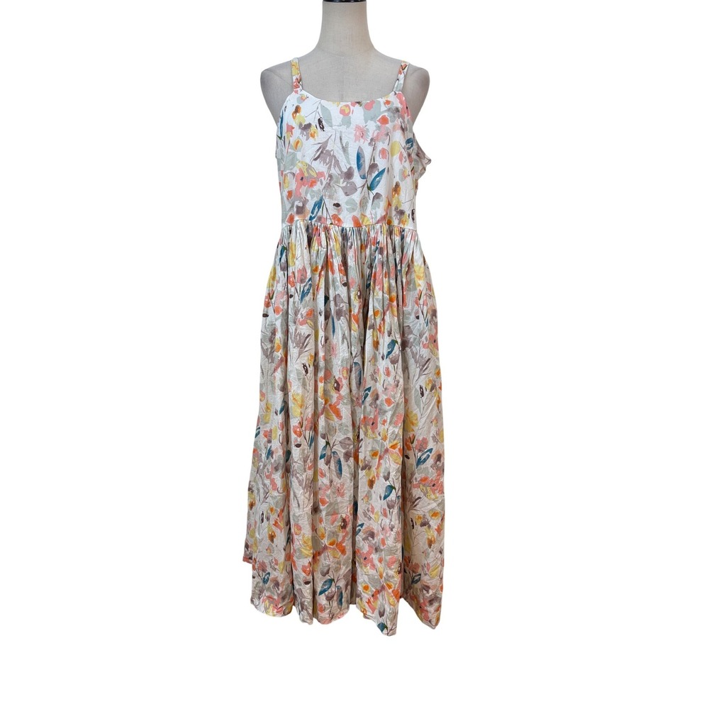 Sweet Magnolia Floral Midi Dress Sz M Multicolor Cotton Pockets Boho cottagecore